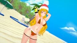 1girls arms_behind_head beach bikini bikini_bottom bikini_top blonde_female blonde_hair christmas_bikini christmas_headwear christmas_in_july long_hair long_hair_female muffin_fox9 ocean robotic_arm rwby solo_female yang_xiao_long