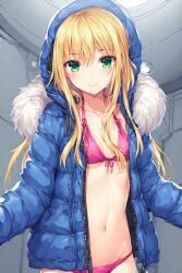 ai_generated bikini bikini_under_clothes blonde_female blonde_hair blonde_hair_female blue_jacket diana_(pragmata) female green_eyes hoodie jacket long_hair looking_at_viewer petite petite_body petite_breasts petite_female petite_girl pink_bikini pragmata short_girl small_breasts small_frame small_girl smile solo solo_female spaceship spaceship_interior teen teenage_girl teenager unzipped unzipped_jacket winter_jacket