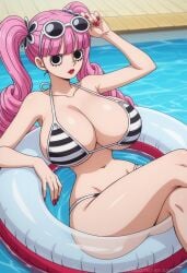1girls ai_generated ambrose annoyed_expression big_breasts bikini black_eyes drill_hair hourglass_figure inner_tube legs_crossed one_piece perona pink_hair pool red_lipstick red_nails self_upload stable_diffusion sunglasses_on_head thick_thighs twintails wide_hips