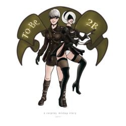 1futa 1girls big_breasts blindfold breasts bulge clothed clothing english_text female futanari hairband intersex light-skinned_female light-skinned_futa light_skin nier nier:_automata penis_under_clothes rule_63 short_hair text thighhighs white_background white_hair yazva yorha_2b yorha_9s