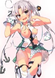 adapted_costume ahoge akitsushima_(kantai_collection) beritabo blush breasts eyebrows_visible_through_hair female full_body gloves green_skirt grey_hair hair_between_eyes highres kantai_collection long_hair medium_breasts nipples open_mouth panties pleated_skirt polka_dot polka_dot_panties purple_eyes rudder_footwear side_ponytail sidelocks single_glove skirt sleeveless solo thighhighs torn_clothes torn_legwear torn_panties torn_skirt underwear white_gloves white_legwear white_panties