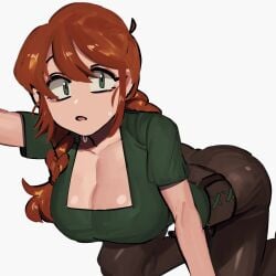 1girls alex_(minecraft) belt boob_window breasts cleavage clothed down_blouse female female_only green_eyes large_breasts looking_at_viewer low_twintails manobece minecraft orange_hair pants sweat twin_braids