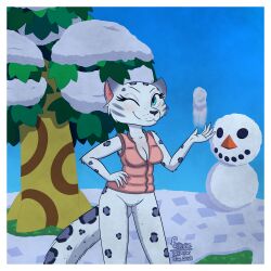 1:1 2018 5_fingers animal_crossing anthro bianca_(animal_crossing) black_body black_fur black_nose blue_eyes blush breasts clothed clothing coat detailed_background felid female fingers forest foxyxxx fur genitals grass grey_body grey_fur hand_on_hip hi_res jacket jacket_vest leaf mammal markings medium_breasts nintendo one_eye_closed pantherine partially_clothed plant pose puffer_jacket puffer_vest pussy smile snow snowball snowballing snowman solo spots spotted_body spotted_fur spotted_markings tiger topwear tossing tree video_games white_body white_fur wink winter zipper zipper_pull_tab