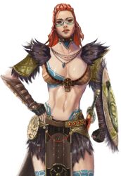 1girls absurd_res aloy alternate_body_type alternate_breast_size bikini_armor booger_wang breast_tattoo breasts cleavage clothed facial_tattoo female female_only female_protagonist fully_clothed highres horizon_zero_dawn large_breasts loincloth long_hair orange_hair shield solo tattoo tattoos