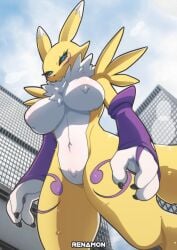 absurd_res anthro armwear bandai_namco blush breasts building butter_sugoi clothing digimon digimon_(species) elbow_gloves female fingerless_gloves gloves handwear hi_res low-angle_view neck_tuft renamon solo tuft