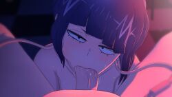 1boy 1girls blowjob denki_kaminari eye_contact fellatio greatm8 half-closed_eyes highres kyoka_jiro looking_at_viewer my_hero_academia oral penis pov purple_hair saliva short_hair thighs veiny_penis