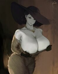 1girls alcina_dimitrescu araneesama artist_signature big_breasts big_hat black_gloves black_hair black_hat breasts brim_hat brown_dress capcom cleavage collar cutesexyrobutts_(style) dark_background dress earrings female female_only gigantic_breasts grabbing_own_breast hat huge_breasts human long_dress no_bra only_female pale-skinned_female pale_skin pulling_clothing resident_evil resident_evil_8:_village short_hair side_view solo tall tall_female tall_woman taller_girl thick_thighs vampire video_game_character wall_(structure) white-skinned_female white_skin yellow_eyes