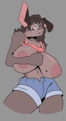 2d absurd_res anthro areola bedroom_eyes big_areola big_breasts bottomwear breasts brown_body brown_fur clothed clothing clothing_lift colored cutoffs denim denim_clothing empskit eyewear female fur glasses hair hi_res huge_areola huge_breasts hyper hyper_breasts lagomorph leporid long_hair mammal markings marlena_(empskit) mole_(marking) muscle_shirt narrowed_eyes orange_eyes rabbit seductive shirt shirt_lift shorts simple_background solo thick_arms topwear