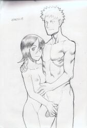 1boy 1girls black_hair bleach fit hand_on_penis height_difference ichigo_kurosaki kuchiki_rukia looking_at_viewer magi monochrome nude petite short_hair sketch small_breasts taller_male white_background