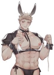 abs ambush_(trap) bunny_ears fake_animal_ears inverted_nipples looking_at_viewer male_focus male_only manboobs muscular_trap navel nipples oketan original_character pecs smile yellow_eyes