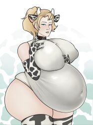 ass bbw belly big_ass big_belly big_breasts big_butt blonde_hair breasts cow_print ee8k eeatek fat grapping_breast large_breasts mercy nipple_bulge overwatch overweight overweight_female thick thick_thighs thunder_thighs video_games wide_hips