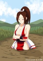 a-020 annoyed annoyed_expression arms_folded big big_breasts closed_eyes damsel_in_distress fatal_fury female female_only king_of_fighters mai_shiranui mud peril quicksand secretly_loves_it sinking tagme