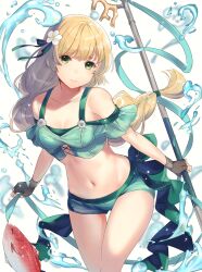 1girls alternate_costume bare_midriff bare_shoulders bare_thighs belly bikini bikini_bottom bikini_top blonde_female blonde_hair breasts cleavage closed_mouth female female_focus female_only fingerless_gloves fire_emblem fire_emblem:_three_houses fire_emblem_heroes fish flower flower_in_hair gloves green_bikini green_bikini_bottom green_bikini_top green_eyes green_swimsuit hair_flower hair_ornament haru_(nakajou-28) head_tilt highres holding holding_object holding_weapon human human_focus human_only ingrid_brandl_galatea ingrid_brandl_galatea_(summer) light-skinned_female light_skin long_hair midriff navel nintendo official_alternate_costume olive_eyes simple_background small_breasts smile smiling smiling_at_viewer solo solo_female solo_focus stomach swimsuit weapon white_background wholesome