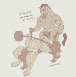 anthro big_muscles bulge bulge_in_face canid canine canis clothed clothing domestic_dog duo english_text equid equine erection erection_under_clothing exercise gay hi_res hooves horse jockstrap laser_(artist) male male/male male_only mammal muscular muscular_male nipples text underwear weight_bench weightlifting workout yaoi