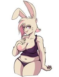 anthro big_breasts breasts chubby_female clothing cream_hair female hair hi_res lagomorph leporid looking_at_viewer mammal multicolored_hair navel nipple_slip panties pink_eyes pink_hair rabbit saturn_(shyning_fingah) shirt shyning_fingah simple_background slightly_chubby solo tan_body tank_top tongue tongue_out topwear underwear wardrobe_malfunction white_background