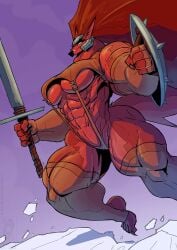 abs animal_ears anthro big_muscles bikini_armor breasts female furry jolly_jack long_hair muscles muscular_female muscular_thighs pointy_ears red_hair red_skin shield solo sword thick_thighs underboob weapon