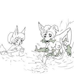 anthro breasts canid canine duo female fish fox hair hybrid mammal marine monochrome nipples ponytail prostokvashino tama-tama unknown_artist water