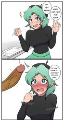 2koma barrette blue_eyes cute dialogue erect_penis fionapollo green_eyes green_hair hat imminent_oral lolo_mp3 mint_(fionapollo) oral petite shy text youtube youtuber youtuber_girl