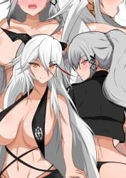 2girls absurdres aegir_(azur_lane) alternate_costume ass azur_lane black_jacket black_panties black_swimsuit blush braid breasts crown_braid demon_horns dunkerque_(azur_lane) female grey_hair hair_between_eyes hair_ornament highres horns iron_blood_(azur_lane) jacket kamonekoinu_(uoooooo_dog) large_breasts light-skinned_female light_skin long_hair looking_at_viewer looking_back multicolored_hair multiple_girls nipples orange_eyes panties ponytail purple_eyes slit_pupils streaked_hair swimsuit tongue tongue_out two-tone_hair underwear very_long_hair vichya_dominion_(azur_lane) white_hair x_hair_ornament