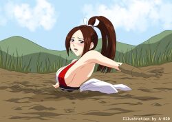 a-020 big_breasts breasts damsel_in_distress fatal_fury female female_only king_of_fighters mai_shiranui mud peril quicksand reaching reaching_out secretly_loves_it side_view sideboob sinking tagme