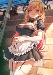 apron black_garter_straps black_nails blonde_hair cleavage ear_piercing earrings happy happymonk kitagawa_marin large_breasts long_hair looking_at_viewer maid maid_apron maid_headdress maid_uniform pink_eyes socks solar_(happymonk) sono_bisque_doll_wa_koi_wo_suru thick_thighs thigh_socks thighhighs thighs uncensored white_legwear white_socks white_stockings