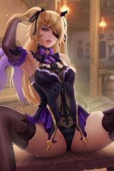 1girls adjusting_hair arm_up armpit bangs bare_shoulders blonde_hair breasts clothed clothing detached_sleeves dress eyepatch female female_focus female_only fischl_(genshin_impact) genshin_impact green_eyes hair_ribbon hand_in_hair legs legs_apart leotard long_hair looking_at_viewer open_legs panties petite prywinko ribbon sitting sitting_down sleeves small_breasts solo solo_female solo_focus stockings thighs tight_clothing twintails underwear