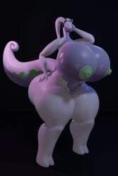 3d 3d_(artwork) animated anthro ass big_breasts big_butt bouncing_breasts breasts clothing darkdraketom digital_media_(artwork) female goodra green_nipples hand_on_hip headgear headphones headwear huge_breasts multicolored_body nintendo nipples pokémon_(species) pokemon pokemon_(species) purple_body simple_background slightly_chubby solo tailwag thick_thighs two_tone_body video_games