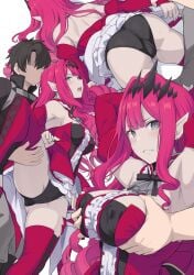 1boy armpits arms_behind_head arms_up ass back bangs bare_shoulders black_hair black_jacket black_panties blush boots breast_grab breasts center_frills clenched_teeth detached_collar detached_sleeves dress earrings faceless faceless_male fairy_knight_tristan_(fate) fate/grand_order fate_(series) female female frills grabbing grey_eyes highres jacket jewelry large_breasts leg_up long_hair looking_at_viewer male multiple_views open_mouth panties pink_hair pointy_ears polar_chaldea_uniform red_dress red_footwear shiseki_hirame short_hair short_sleeves sidelocks straight teeth thigh_boots thighhighs thighs tiara underwear