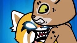 1boy 1girls aggressive_retsuko animated blue_background bouncing_breasts fangs frightened frown furry implied_sex koyra motion_lines nipples pelvic_thrust rage retsuko sanrio sex smooth_fur white_eyes