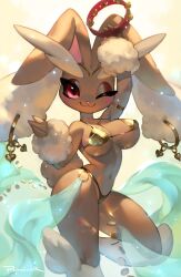 :3 anthro big_breasts bikini breasts clothing dancer ear_piercing ear_ring female golden_bikini looking_at_viewer lopunny nintendo one_eye_closed piercing pokémon_(species) pokemon pokemon_(species) popodunk smile solo swimwear video_games wide_hips wink