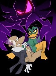 2021 anthro anthro_on_anthro beak bottomless breasts canid canine canis cjzilla88 clothed clothing disney domestic_dog ducktales ducktales_(2017) duckworth duo erection female genitals green_body hair hi_res interspecies magic_user magica_de_spell male male/female mammal nipples nude penis pussy pussyjob sex tan_body white_hair yellow_eyes