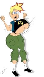 artist_request big_breasts breast_expansion canon_genderswap clothed_female female genderswap genderswap_(mtf) jenny_test johnny_test johnny_test_(series) radiation_symbol rule_63 thick_thighs underboob