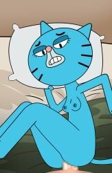 bed blue_fur cat_humanoid catgirl censored female furry gilf human_on_anthro impstripe male_human/female_anthro male_on_anthro male_pov mary_senicourt milf pov sex the_amazing_world_of_gumball unseen_male_face