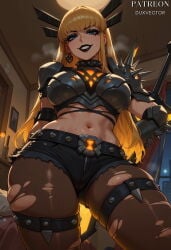 1girl ai_generated armor artist_name belt black_belt black_lips black_pantyhose black_shorts blonde_hair blue_eyes breasts brown_pantyhose clothing duxvector earrings female from_below grey_eyes grin holding indoors jewelry large_breasts long_hair looking_at_viewer looking_down magik_(marvel_rivals) makeup marvel marvel_rivals midriff navel pantyhose pantyhose_under_shorts pauldrons short_shorts shorts shoulder_armor shoulder_plates skindentation smile solo spikes sword teeth thigh_strap torn_clothes torn_legwear torn_pantyhose weapon