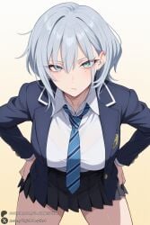 1female 1girl 1girls 2026 ai_generated artist_name bangs big_ass big_breasts black_skirt blazer blue_eyes bra_visible_through_clothes breasts curvy ear_piercing earrings grey_hair haimiya-senpai_wa_kowakute_kawaii haimiya_mio hands_on_hips hi_res high_quality high_resolution highres huge_ass huge_breasts jacket jewelry large_breasts leaning_forward looking_at_viewer mole mole_under_eye necktie patreon patreon_username piercing pleated_skirt school_uniform see-through shirt short_hair skirt solo underwear unjobdespiert watermark white_shirt
