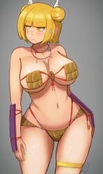 1girl 1girls :< adapted_costume armor armor_plates artist_name artist_signature ass ass_visible_through_thighs belly belly_button big_breasts bikini bikini_armor bikini_bottom bikini_only bikini_top blonde_hair blush blush_lines blushing borrowed_clothes borrowed_design breasts breasts_apart butt cleavage contrapposto cowboy_shot double_bun female_focus female_only grey_background hair_bun hands_on_hips hands_on_thighs haniwa_(statue) headgear headwear hips hips_wider_than_shoulders impractical_armor japanese_armor jewelry kzg large_breasts light_blush looking_away magatama magatama_necklace mayumi_joutouguu navel necklace neckwear nervous shy signature simple_background skindentation sole_female solo solo_female solo_focus standing stomach sweat sweatdrop sweating sweaty sweaty_body swimsuit swimwear thick_thighs thighlet thighs touhou wide_hips wide_thighs yellow_bikini yellow_eyes