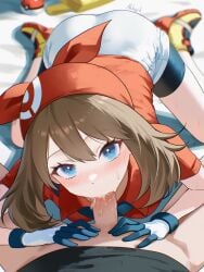 1boy 1girl ahhgik all_fours artist_name bandana bike_shorts bike_shorts_under_skirt black_shorts blue_eyes blurry blurry_background blush brown_hair collared_shirt commentary english_commentary fellatio gloves hetero highres looking_at_viewer may_(pokemon) oral penis poke_ball pokemon pokemon_ruby/sapphire/emerald red_bandana red_shirt shirt short_sleeves shorts skirt white_gloves white_skirt