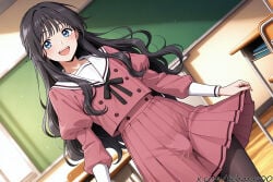 1boy :d ai_generated bangs black_hair black_pantyhose blue_eyes blush bulge chair chalkboard classroom desk dutch_angle femboy genderswap genderswap_(ftm) indoors juliet_sleeves kaoru_hana_wa_rin_to_saku kaoruko_waguri long_hair long_sleeves looking_at_viewer male open_mouth pantyhose pink_skirt pleated_skirt puffy_sleeves ribbon sailor_collar school_desk school_uniform serafuku shirt skirt skirt_hold smile solo standing teeth tehmar trans_woman transfem trap waguri_kaoruko white_sailor_collar