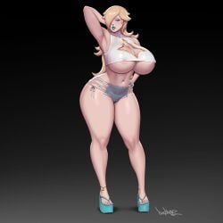 1girls big_body big_breasts bimbo blonde_hair blue_eyes breasts cleavage female female_only huge_breasts large_breasts mario_(series) nintendo pinkdrawz princess_rosalina solo standing super_mario_galaxy voluptuous