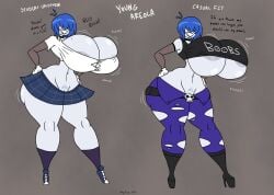 1girls aerola black_lipstick blue_hair exposed_pussy grey_skin hair_covering_eyes hyper massive_ass massive_breasts massive_thighs megabippy mole_on_breast mole_under_mouth pubic_hair_peek reference_image reference_sheet ripped_clothing school_uniform short_hair short_skirt solo tagme tagme_(character) underboob