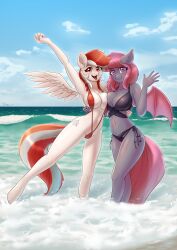 2girls absurd_res anthro array_(oc) bat_pony bikini breast_squish breasts breasts_frottage cleavage clothed clothing dandy_(artist) duo equid equine female female/female female_only friendship_is_magic fruitful_melody hasbro hi_res mammal my_little_pony original original_character original_characters pegasus pink_hair purple_eyes red_eyes red_hair squish swimwear thighs water white_hair wings year_request