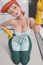 1girl ai_generated bare_shoulders breasts cleavage denim dexter's_laboratory dexters_mom earrings gloves hi_res high_quality high_resolution jewelry large_breasts looking_at_viewer pantyhose patreon seductive sexy smile solo spicytoonai strap_slip tiles uncensored watermark yellow_gloves