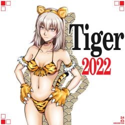 2022 animal_ears animal_hands animal_print artist_name bangs bikini blue_eyes breasts chinese_zodiac choker closed_mouth commentary cowboy_shot dated english_text fake_animal_ears fake_tail female girls_und_panzer gloves halterneck itsumi_erika looking_at_viewer medium_breasts medium_hair navel new_year nishi_itsumi orange_bikini orange_choker orange_gloves paw_gloves print_bikini seigaiha silhouette silver_hair smile solo standing swimsuit tail tiger_ears tiger_print tiger_tail white_background year_of_the_tiger