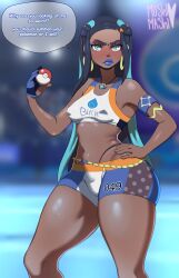 1girls absurd_res breasts female gloves high_resolution lipstick long_hair moshimashi nessa_(pokemon) nintendo pokemon pokemon_ss shorts solo spandex_shorts standing thick_thighs thighs thong two_tone_hair wide_hips