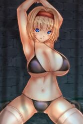 alice_margatroid armpits arms_up ass ass_visible_through_thighs bikini black_bra black_panties blonde_hair blue_eyes bondage bondage bound bound_arms bra breasts brick_wall clip_studio_paint_(medium) female female hairband highres kneeling large_breasts lolita_hairband looking_at_viewer navel nervous nervous_smile open_mouth panties red_hairband restrained shoes short_hair shounen_(hogehoge) smile solo spread_legs swimsuit thighhighs touhou underboob underwear