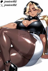1girl ai_generated artist_name ass belt black_belt black_footwear black_hair black_pantyhose black_shirt blonde_hair bracelet breasts brown_eyes brown_pantyhose cleavage cleavage_cutout clothing clothing_cutout curvy dark-skinned_female dark_skin domina earrings female footwear high_heels huge_breasts jacket jacket_on_shoulders jennieart02 jewelry large_breasts looking_at_viewer medium_hair miniskirt mole multicolored_hair pantyhose patreon patreon_logo patreon_username pencil_skirt shirt shoes short_hair simple_background sitting skirt smile solo sweat thick_thighs thighband_pantyhose thighs twitter twitter_logo twitter_username two-tone_hair watermark white_background white_jacket white_skirt