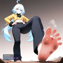 1girl ahoge ai_assisted ai_generated barefeet belt big_feet black_ascot black_pants blue_eyes cowlick dark_skin dirty_feet from_below full_body hair_between_eyes hands_on_hips heterochromia light_blue_hair long_hair long_sleeves long_toes looking_at_viewer mismatched_pupils multicolored_hair navel presenting_foot sole_focus standing standing_on_one_leg stinky_feet sweaty_feet twintails white_hair yellow_jacket
