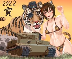 2022 animal_ears animal_print bangs bikini black_headwear breasts brown_eyes brown_hair chinese_zodiac claw_pose cleavage commentary_request emblem eyepatch fake_animal_ears fake_tail fangs female female fingernails garrison_cap girls_und_panzer grass ground_vehicle halterneck hat highres kuromorimine_(emblem) kuromorimine_military_uniform large_breasts looking_at_viewer military military_hat military_vehicle motor_vehicle navel new_year nishizumi_maho open_mouth orange_background orange_bikini partial_commentary print_bikini print_choker sharp_fingernails short_hair smile solo standing string_bikini swimsuit tail tank tiger tiger_ears tiger_i tiger_print tiger_tail tigern_(tigern28502735) translated year_of_the_tiger