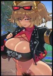 1girl arrow_(symbol) bandeau black_bandeau black_border black_gloves black_jacket blonde_hair border bottomless breasts burnice_white cleavage eyewear_on_head fingerless_gloves gloves groin highres jacket johnv large_breasts long_sleeves looking_at_viewer mole mole_on_breast mole_on_stomach navel out-of-frame_censoring pubic_hair red-tinted_eyewear red_eyes selfie smile solo sunglasses tinted_eyewear two_side_up zenless_zone_zero