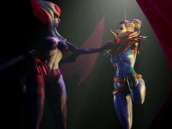 2girl 2girls belly defeated defeated_heroine dominant domination evelynn heroine_in_trouble league_of_legends quadruped quadruple_amputee simple_background torture vayne
